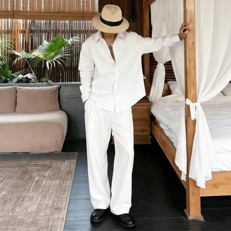 Linen Shirt Breathable - Set Linen Putih Kemeja Lengan Panjang