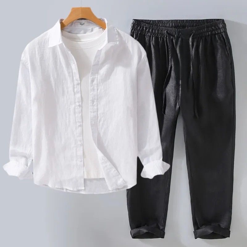 Set Linen Putih Kemeja Lengan  - Linen Shirt Breathable ulasan dan harga